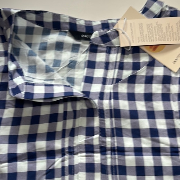 NWT-Navy Blue and White Flutter Sleeve Blouse with Mandarin Collar - Picture 10 of 14